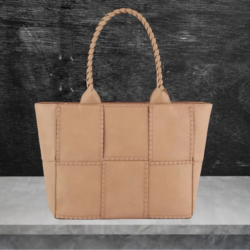 Woven Tote Vegan Leather Shoulder Handbag in Blush